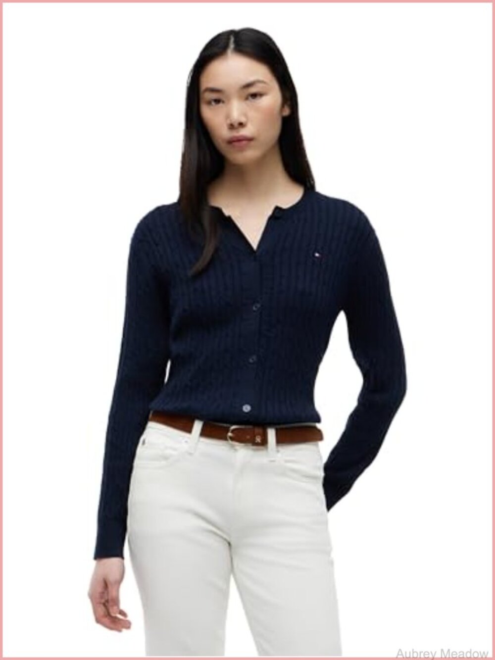 Cable Knit Crew Neck Button Down Cardigan Sweater 100% Cotton